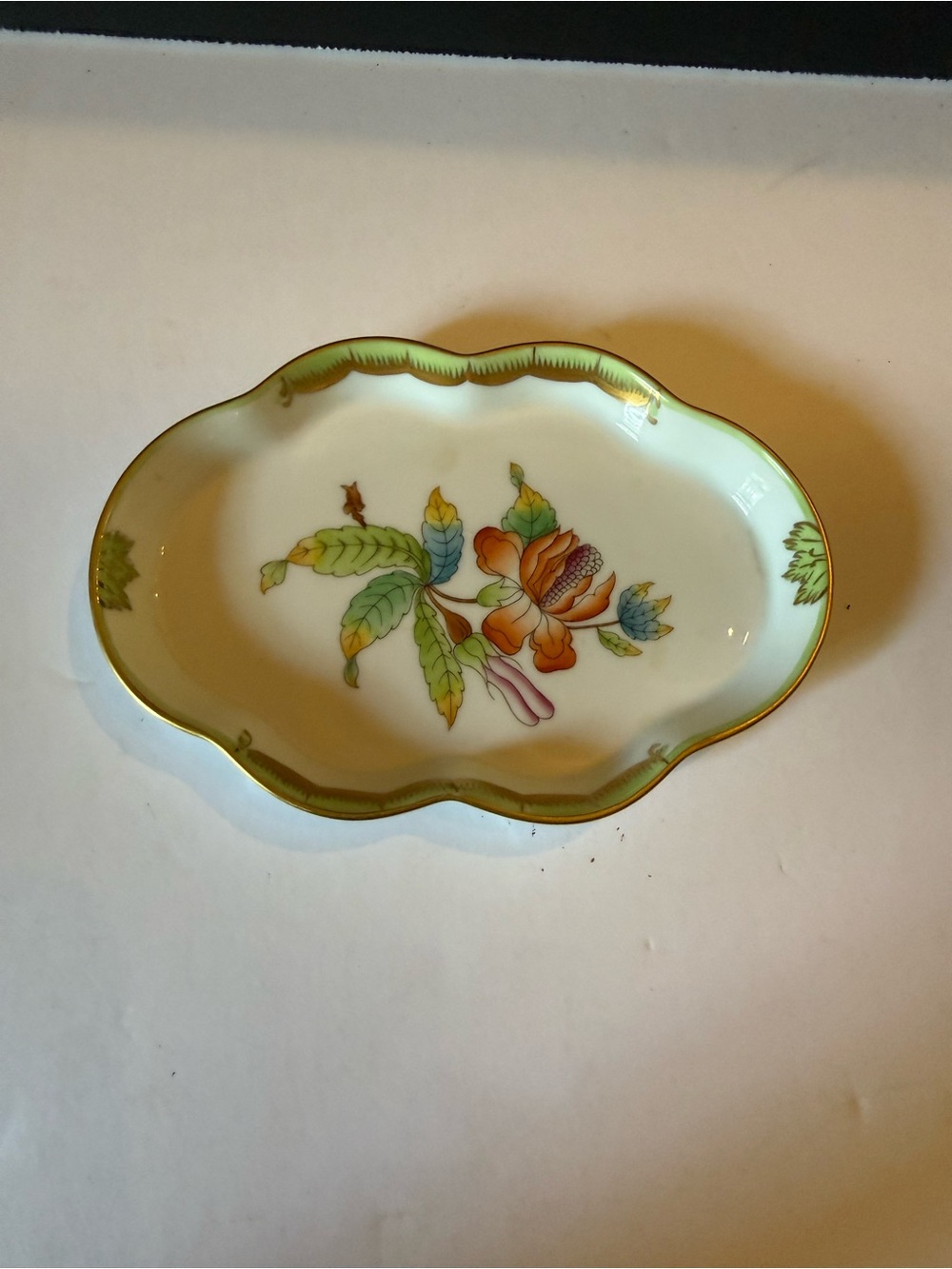 Herend Hungary Queen Victoria Floral Porcelain Trinket Dish with Gold Trim